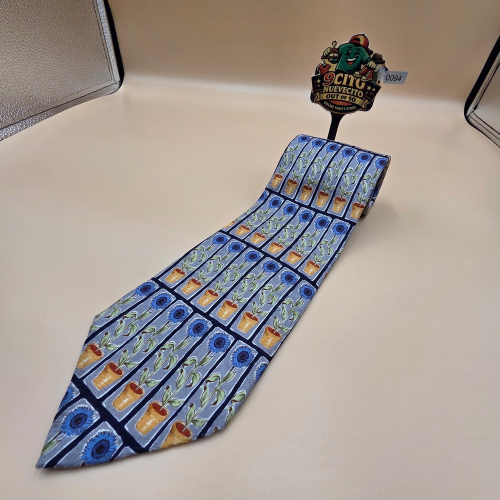 Ermenegildo Zegna Mens Silk Tie Blue Sunflower Potted Plant Floral Grey Navy